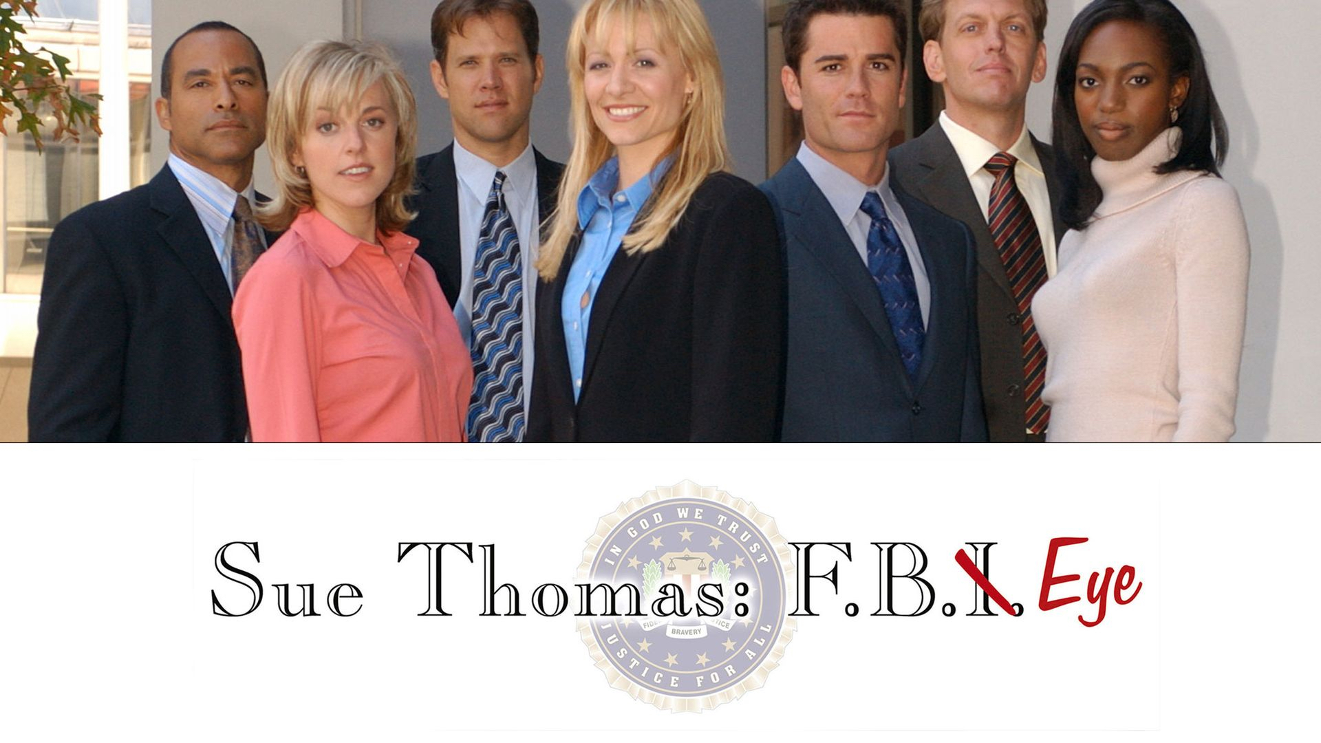 Sue Thomas FB Eye cast image on Dove Channel streaming platform.